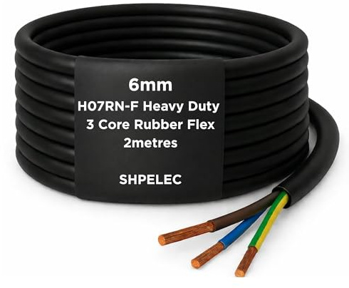 SHPELEC® H07RN-F Rubber Flexible Power & Control Cable 3 Core 6mm² – Heavy Duty Industrial Use for Outdoor & Workshop Applications – Oil, Water & UV Resistant (H07RN-F Rubber Cable 6mm, 2m)