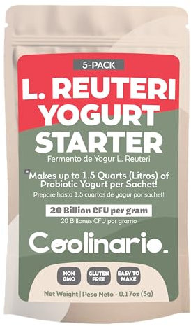 Coolinario L Reuteri Yoghurt Starter (5-Pack, 1.5g Sachets) Yogurt Starter Culture with Lactobacillus Reuteri Probiotics | Creamy & Delicious | Non-GMO, No Preservatives, Gluten Free, Halal, Kosher