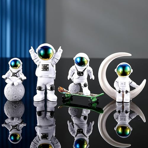Generisk astronautfigursats, set med 4 stycken – rymdfartsdekoration för skrivbord, tårta och bil | Rymdrumsdekorationsfigurer av harts | present till barn och vuxna (gradient – 4)
