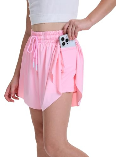 ANTLOOWW Korta byxor för flickor, med fickor, ventilerande cykelbyxor, flickor, sommar, stretch, barnshorts för löpning, gymnastik, fritid, skola, ROSA, 9-12 år