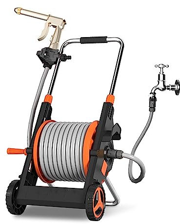 Garden Hose Holder Foldable Garden Hose Reel Cart, Mobile Garden Trolley with Wheels, with Hose Sprayer Nozzle and 50M/164Ft 1/2'' Hose, Fully Assembled Hose Reel Cart