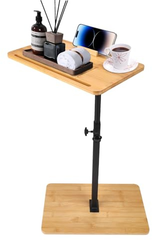 C-Shaped Side End Table, Adjustable Height Side Table Bamboo with Rotatable Phone Holder, Over Bed Table with Wine Glass Holder, Snack Coffee Tray Bed Side Table for Sofa Bed Bathtub (Rectangle)