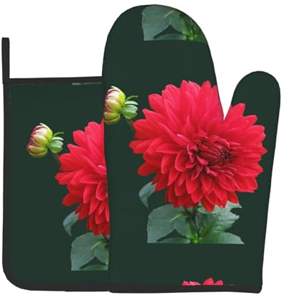 Dahlia Rouge, Ensemble de Gants de Cuisine et maniques, Gants de Cuisine résistants à la Chaleur