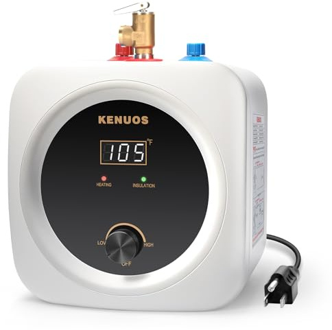 Kenuos Mini Tank Water Heater Electric 2.5 Gallon Under Sink Instant Hot Water Heater with LED Dsiplay,T&P Valve,3-Way Diverter,110V 120V Point Of Use Water Heaters for Kitchen RV Bathroom White
