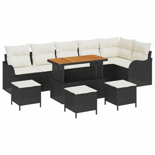 vidaXL 10 Delars Trädgårdsoff-set med Kuddar Svart Poly Rattan Akacia