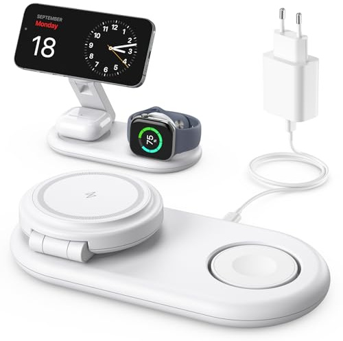 Tragbare 3 IN 1 Ladestation kompatibel mit Apple Watch und iPhone, Mag-S0fe Ladegerät für iPhone 17 16 15 14 13 12 Serie, Mag-S0fe Ladestation für Apple Watch, AirPods Pro Serie (Weiß)