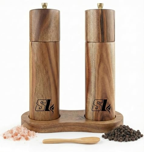 SAVOURLUXE Premium Wooden Salt and Pepper Grinder Set with Stand & Spoon – Adjustable Ceramic Mills, 8-Inch Refillable Acacia Wood Salt and Pepper Grinder Set Wooden for Kitchen & Dining (Elegant)