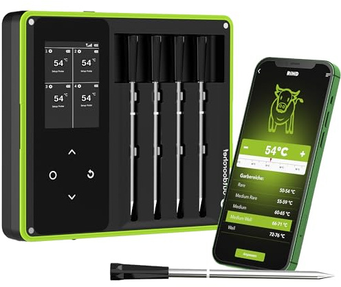 Outdoorchef Easy Check Thermometer Quadro – Wireless Bluetooth BBQ‑Thermometer mit App, 4 Fühler, 200 m Reichweite, spülmaschinenfest, inkl. magnetischer Dockingstation