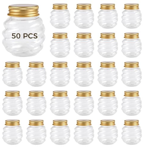 Kronabelle Lot de 50 mini pots à miel pour épices, confiture, cadeaux de mariage, 60 ml, boîtes de rangement en plastique nid d'abeille avec couvercles dorés, cadeaux de fête