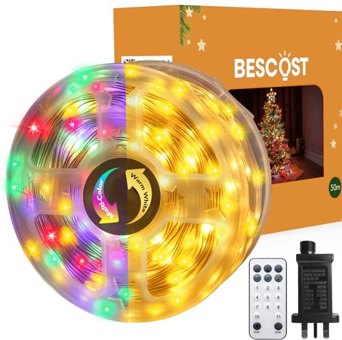 BESCOST 50M Fairy Lights Plug in, 500 LED RGB & Warm White Christmas Lights Outdoor with Remote, 11 Modes, Timer and Memory Function, IP65 Waterproof for Bedroom, Garden, Tree & Party Decoration