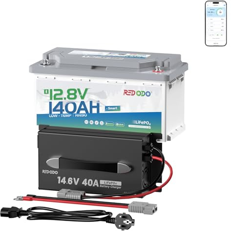 Redodo Smart Bluetooth 12V 140Ah H190 LiFePO4 Batterie mit 14.6V 40A Ladegerät Bluetooth Lithium-Batterie mit 150A BMS, Echtzeit-Monitoring, Ideal für Wohnmobile, Marine, Solar Inselanlagen