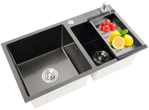 MEHOOSPVN Fregadero de acero inoxidable, 2 cuencos, 304, 78 x 43 x 22 cm, fregadero doble, con desagüe y desagüe, dispensador de jabón, escurridor para limpiar platos y verduras