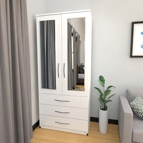 Modern Assembled Wardrobe, 78 cm Wide, 2 Mirrored Doors, 3 Drawers, White (White)