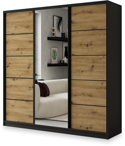 Masseno Schiebetürenschrank NATA 200/205/58 cm Kleiderschrank mit 4 Schubladen Schlafzimmer Schrank 3-türig mit Spiegel Schwarz/Eiche Artisan