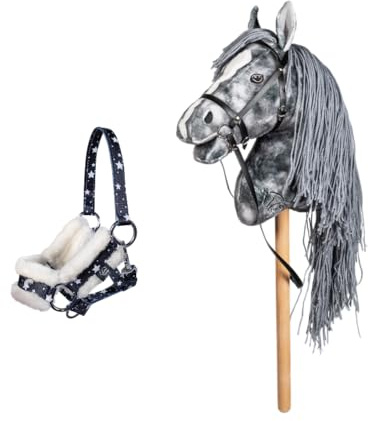Holly & Claire HKM Hobby Horse Clara – Steckenpferd in Grau mit Halfter & Führstrick Navy Sterne | Realistisches Hobby Horse für Kinder ab 3 Jahren | ca. 40 cm Stablänge