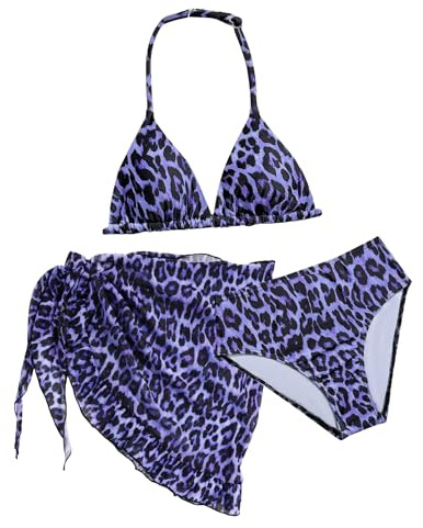 SEAUR Flicka Bikiniset Leopardmönster Blommor Triangel Bikini 3-delad Baddräkt med Kjol Badmode Swimsuit för Barn 8–12 År, 11 år