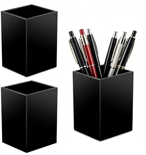 3 stycken svarta akrylpennhållare, fyrkantiga 10 x 6,5 x 6,5 cm penselhållare kosmetika, vattentäta kontor och hem pennkoppar för sminkborstar, linjaler, sax, filtpennor och läppstift