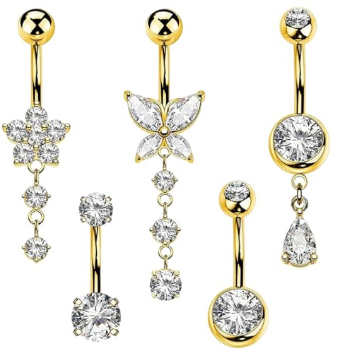 UJBVCX 5Pièces Or Nombril Anneau, Piercing Nombril, Piercing Ventre Anneau, Corps Piercing Bijoux, Piercing Bijoux pour Femme, Papillon Anneau de Nombril Bijoux de Corps
