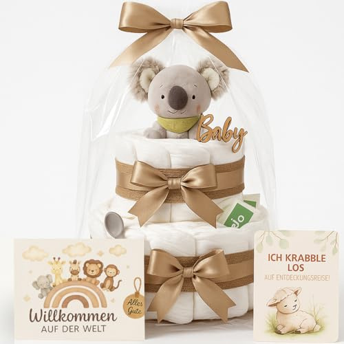 Blöjtårta för flickor och pojkar med koala greppfling – boho vintage [Handmade] – babygåva till födseln med koalagripning, premiumblöjor och ekologiskt te – blöjtårta neutral för babyparty