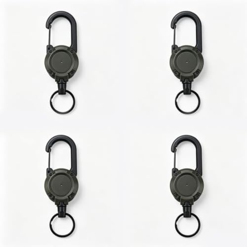 Utdragbar nyckelring set om 4 svart med stålrep och karbinhakar – robust ID JoJo nyckelrulle med ca 65 cm rep – infällbar nyckel retraktor för bälte väska arbete kontor