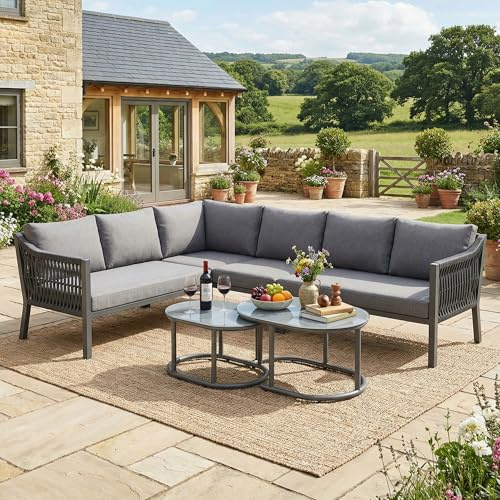 Xwiny Gartenmöbel-Set für 6 Personen, Lounge Möbel Outdoor mit Verzinktes Eisen und Seil, 5-teiliges, 2 Doppelsofa, 1 Ecksofa, 2 Couchtische, Balkonmöbel Set, Grau-A(Alle Kissen Inklusive)