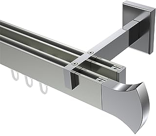 Interdeco Gardinenstangen mit Innenlaufprofil Innenlaufstangen eckig Edelstahl Optik/Chrom doppelläufig Typ 10213022, 280 cm
