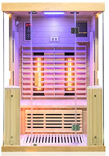Dewello® Infrarotkabine Infrarotsauna Kingston 130cm x 105cm für 1-2 Personen aus Hemlock Holz mit verstellbaren Vollspektrumstrahlern, LED-Farblicht, Bluetooth, FM,MP3,USB