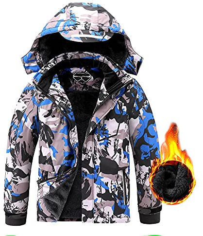 AFILOK Boy's Ski Jacket Waterproof Breathable Kids Fleece Lined Windproof Hooded Snowboard Coats, Blue Camouflage, 8-9