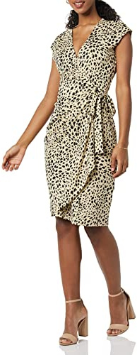 Amazon Essentials Women's Classic Cap Sleeve Wrap Dress for Wedding Guest and Evening Wear (Available in Plus Size), Tan Animal Print, XL
