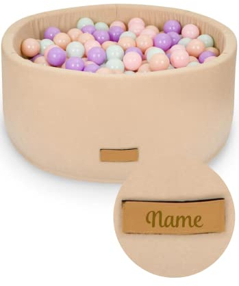 Flumi Personalisierte Bällebad Baby ab 1 Jahr - Bällepool Kinder 90x40cm mit 200 Bällebad Bälle ∅ 7cm in EU hergestellt - (Beige)