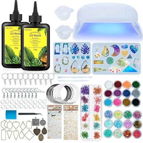 Vida Rosa 200 ml UV-Harz-Kit mit UV-Lampe, Starter-Set für die Schmuckherstellung und -beschichtung, Ohrringhaken, Halskettenkette, 2 Formen, Zubehör, Glitzer, Trockenblume, schnelle Aushärtung