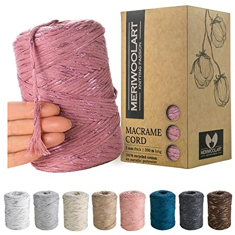 MERIWOOLART Premium Makramee Garn Pflaume - Baumwollgarn 3mm x 200m - Super weiches, einfach gedrehte Schnur - Öko-Tex 96% recyceltes Baumwolle für DIY Boho Deko Handwerk
