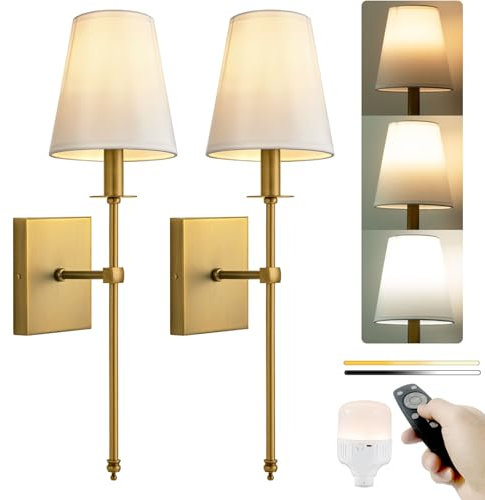 PASSICA DECOR Wiress Battery Operated Wall Lights Set of 2, Rechargeable Wall Lights with Dimmable Light Bulb, Remoted Control, Wireless Lamp Fixture for Bedroom Living Hallway Gold
