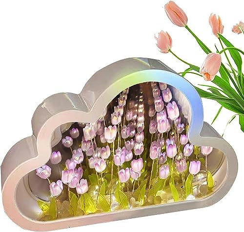 EHOTER Tulpen Wolke Lampe Cloud Mirror Tulip Lamp 2 in 1 Wolken Tulpen Nachtlicht mit Spiegel Wunderschöne Tulpen Spiegel Lichter Home Deko Geburtstag Geschenke für Freunde (Violett)