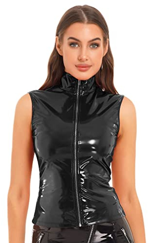 FEESHOW Dam wetlook topp sexig glans lack-läderlook crop top tank skjorta med dragkedja fram party klubbkläder toppar, svart, 5XL