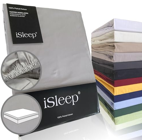 iSleep Topper Spannbettlaken Perkal 100% Baumwolle (Silber, 180x200 cm)