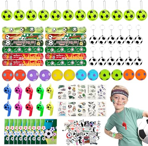 FIHODONE 140 Stück Fussball Geschenke Jungen,Mitgebsel Kindergeburtstag Football Deko,Kindergeburtstag Mitgebsel Set mit Trillerpfeife Schlüsselanhänger Fussball Tattoos Mädchen Mitgebsel Tüten