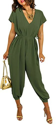 STAR FASHION Belted Jumpsuits for Womens Short Sleeve Romper Playsuit V Neck Tie Belted Waist Harem Wide Leg Italian Jumpsuit Overalls UK Size 8 to 22