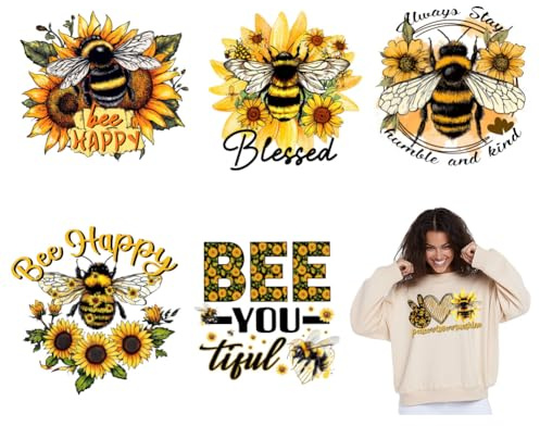 SUPERDANT 6PCS Bee Sunflower Iron on Transfers Flower Heat Transfer Stickers Iron-on Decals DTF Transfers Ready to Pressfor for Clothing T-Shirt Hoodie Bags Jackets Jeans DIY Crafts 20x20cm