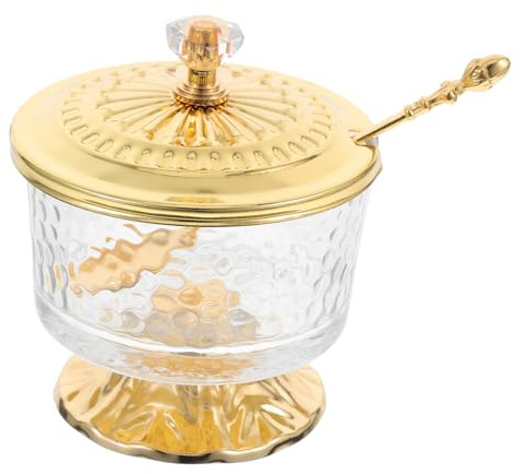 TOPBATHY Azucarero Recipiente Redondo de Vidrio Transparente con Tapa y Cuchara de Aleación de Zinc Dorado Elegante y Resistente para Condimentos en Cocina y Hogar
