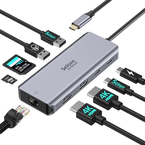 SELORE Docking Station, Dockingstation Laptop 2 Monitore, 9 in 1 USB C Hub Dual HDMI Adapter 4K @60Hz, USB A 3.0/2.0, Gigabit Ethernet, PD 100W, SD/TF Kartenleser, für Windows, MacBook, Dell, HP