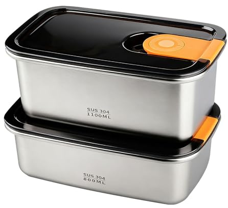 WakiHong 2Piezas Fiambrera Acero Inoxidable Hermetica Contenedores de Alimentos con Tapas 1100ml et 800ml Fiambreras de acero inoxidable con tap para Frigorífico,Horno