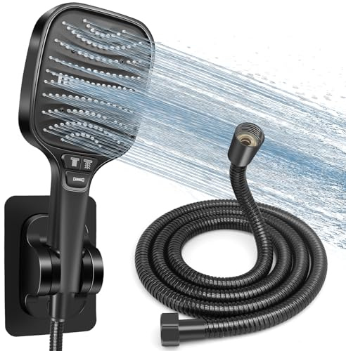 HNOOM Kit Doccia Completo, Soffione Doccia Quadrato 120mm Alta Pressione + Tubo 1.5M + Supporto Senza Fori, 8 Modalità, Anticalcare, Universale per Doccia Bagno（Nero）