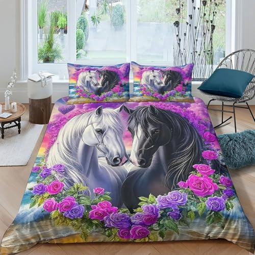 UNRXJZLVM Horse Duvet Cover 3 PCS Hotel Quality Quilt Cover Bedding Sets with Pillowcases, Zipper Closure, Hypoallergenic, Soft, Breathable Microfiber Double（200x200cm）