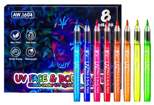 LEMONSTONE Bolígrafos de 8 colores UV con luz negra, colores fluorescentes que brillan en la oscuridad, lápices de tatuaje de pintura facial, respetuosos con la piel, juego de colores para festivales