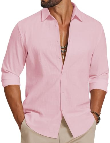 COOFANDY Camicia da Uomo a Maniche Lunghe in Cotone Camicia Casual Estiva Camicia da Spiaggia Leggera per Le Vacanze e i Matrimoni Rosa XL