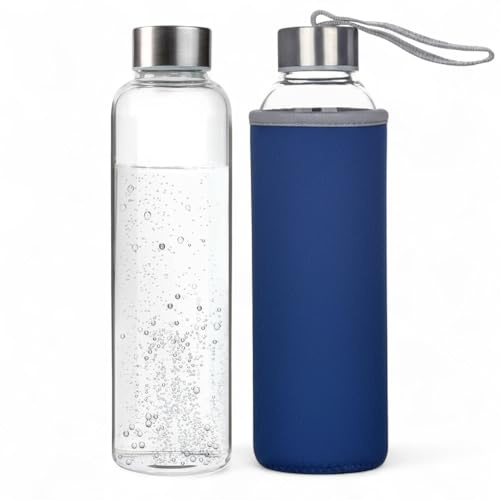 Trinkflasche aus Glas 550ml (Blau) Auslaufsichere Glasflasche aus Borosilikatglas, BPA-frei, kohlensäuregeeignet & spülmaschinenfest, mit Schutzhülle, für heiße & kalte Getränke, Edelstahl Deckel