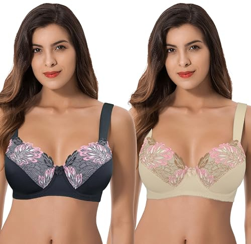Curve Muse Reggiseni sfoderati con Ferretto Minimizer Taglie Forti da Donna con Pizzo Ricamato-Confezione da 2-Nudo, Nero-8B