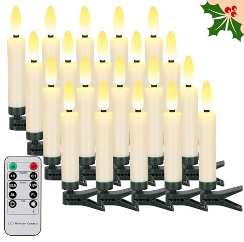 FPOO 20 PCS Christmas Tree Candles Lights Flickering,Clip on Candle Battery Operated Taper Candle Stick with Timer,Mini Flameless Candles for Wreath Candelabra Waterproof Outdoor