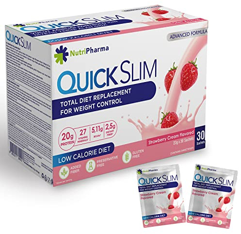 Quick Slim Meal Replacement Shake for Weight Loss, 30 Servings, Complete Meal Replacement Powder, Low Carb Diet Shakes for Women & Men, 20g Protein, 27 Vit & Min, Fiber, Gluten Free (Strawberry Cream)